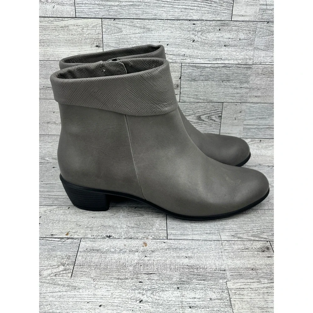 Ecco Shape 35 Grey Leather Block Heel‎ Ankle Boots Side Zip Womens 37 US 6-6.5